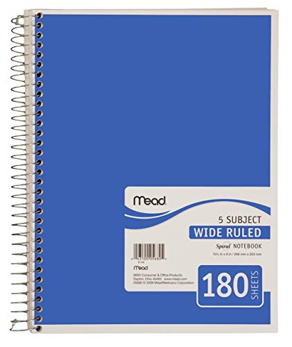 Mead Spiral Notebook, 5 Subject, Wide Ruled Paper, 180 Sheets, 10-1/2" x 7-1/2", Blue (72235)