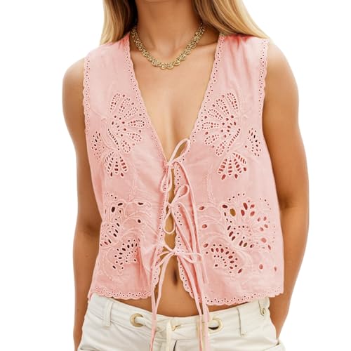 Women Summer Beach Boho Eyelet Embroidered Tie Front Vest Sleeveless Tank Cute 2025 Y2K Clothes