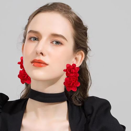 Big Flower Drop Earrings for Women Long Fabric Floral Dangle Earrings Bohemian Exaggerated Statement2