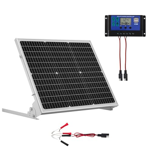 VEVOR Kit de Panel Solar Monocristalino de 12 V y 50 W, Cargador de Batería con Controlador MPPT Mejorado y Soporte de Montaje Ajustable, para Coche, Barco, Autocaravana, Remolque y Techo de Casa