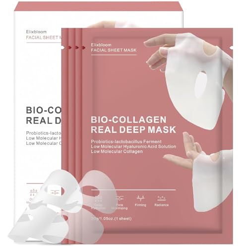Elixbloom Bio-Collagen Face Mask, Real Deep Hydrating Collagen Overnight Mask, Face Masks Skincare, Facial Sheet Masks for Skin care, Pore Minimizing, Firming, and Moisturizing. (4 Count (Pack of 1))