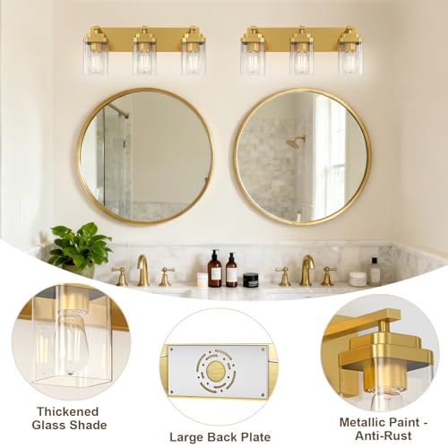 Image of Brushed Gold Bathroom Light Fixtures, 3 Lights Bathroom Lighting Fixtures Over Mirror, Square Design & Rectangle Large Backplate, Modern Vanity Lighting Fixtures, for Living Room /Bedroom