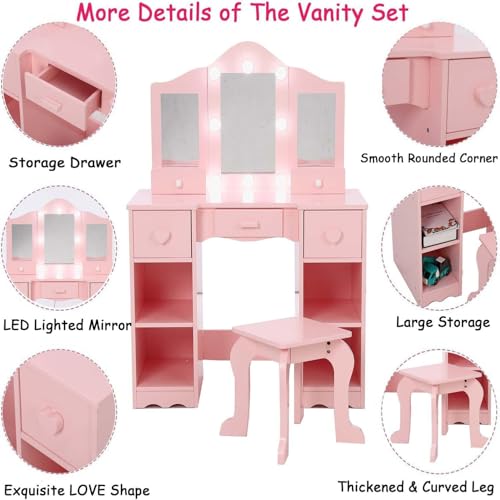 Kids Vanity Set With Mirror, 2-In-1 Wooden Toddler Vanity Table With Stool, Tri-Folding Mirror & Drawer,Princess Pretend Play Makeup Vanity Princess Makeup Desk Dressing Table for Little Girls