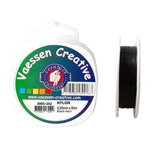 Vaessen Creative Hilo de Nylon Negro, 0.25mm, Carrete 50m, No elástico, para Coser, Enhebrar Cuentas, Decoración Colgante y Manualidades DIY (3905-202)