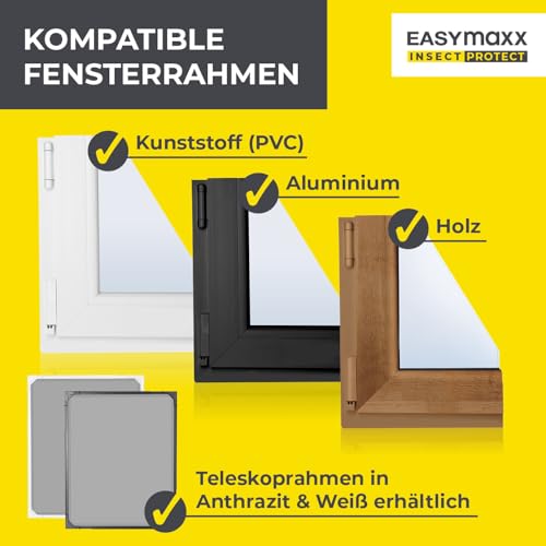 EASYmaxx Insect Protect | Teleskop-Insektenschutzgitter | Fliegengitter Fenster | mit vormontierten Rahmen | ausziehbarer Insektenschutz | integriertes Netz | anthrazit | 4er-Set