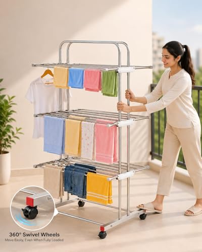 Image of Xmart India 304 Stainless Steel Foldable Clothes Drying Stand | 3 Layer Laundry Drying Rack with Wheels | Heavy Duty Cloth Dryer Stand for Balcony, Indoor & Outdoor (3 Layer Steel Cloth Drying Stand)