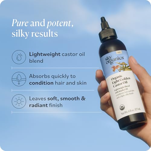 Image of Sky Organics - Organic Light Golden Castor Oil (6 fl oz /177 mL) Conditions Hair, Skin, Brows, Scalp - Castor Oil Organic - Jojoba, Safflower Seed, Sweet Almond - Vegan, Cruelty Free, Beauty, Hair Care