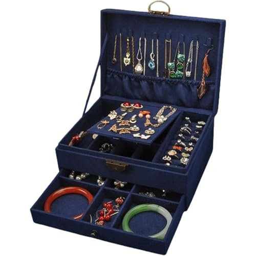 ITMEATジュエリーボックスアクセサリーケースジュエリー収納宝石箱大容量鍵付き引き出しおしゃれ小物入れネックレスピアスリング指輪置き女性用女の子グリーン (23×17×10.5cm,ブルー)