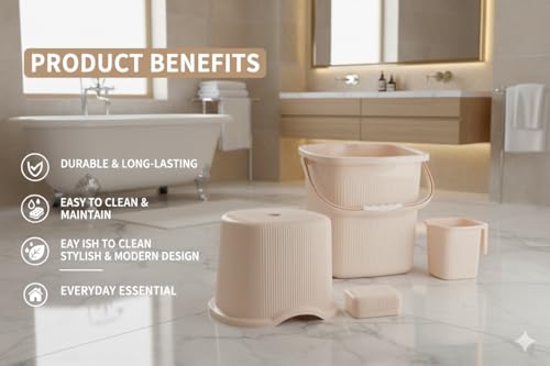 Image of MODWARE Bathroom Set, Pack of 4, Bucket, Mug, Soap Case, Stool, 20L, Polypropylene (Cream)