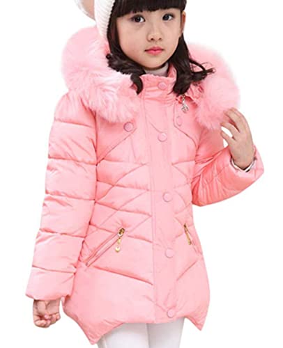 Miss Bei Girls' Puffer Down Coat Winter Jacket Parka Down Coat Overcoat With Fur Hood Pure Pink 140Cm #TOP4