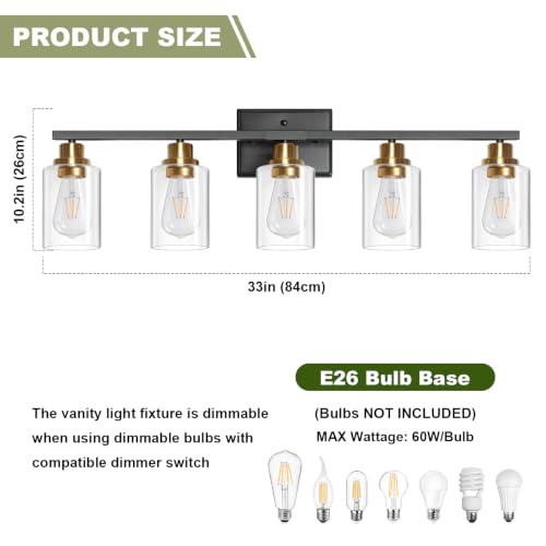 Image of Unicozin Modern Bathroom Light Fixtures, 5 Light Vanity Lights Over Mirror, Black and Gold Wall Lamp with Clear Glass for Living Room Cabinet Bedroom Porch