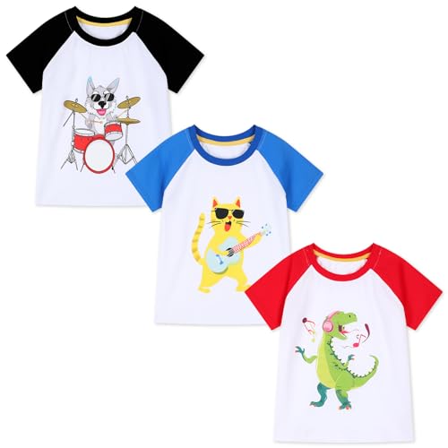 Image of HILEELANG Toddler Boy Short Sleeve Tee Shirts Summer Cotton Casual Graphic Crewneck Tshirt Packs