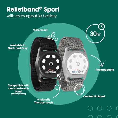 Image of Reliefband New Sport Anti-Nausea Wristband | Waterproof | Nausea & Vomiting Relief for Motion Sickness, & Morning Sickness | Drug & Side Effect Free, Long Lasting, Fast-Acting (Grey, 1 Extra Gel Tube)