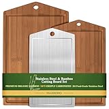 Maxboro Bamboo Cutting Board Set for Kitchen, Detachable Stainless Steel Design, Double Sided Chopping Boards with Deep Juice Well and Built-in Handles for Meal Prep and Serving, Ideal Kitchen Gift