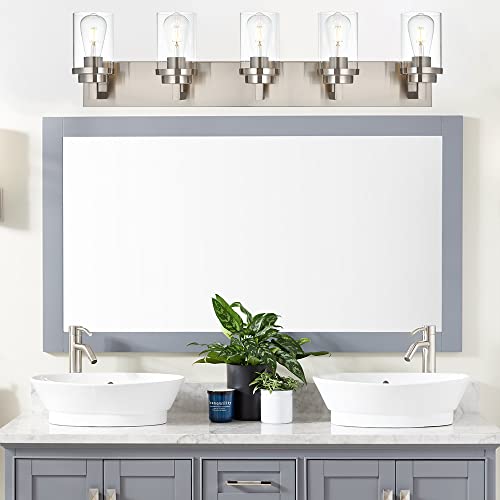 Image of MELUCEE 5-Light Bathroom Vanity Light Brushed Nickel Finish with Clear Glass Shade, Modern Wall Mount Light Fixtures for Bedroom Powder Room Hallway