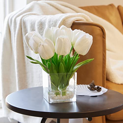 Xmay Gift Artificial Flowers Tulip Floral Arrangement In Vase - Fake Flowers Silk Tulips Centerpiece - Modern Artificial Silk Flowers For Home Bathroom Office Table Shelf Decoration (White) #TOP12