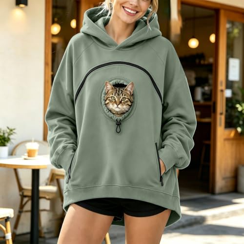 Pet Pouch Hoodie Cat Dog Carrier Hoodie Oversized Casual Sweatshirt Green - image 3