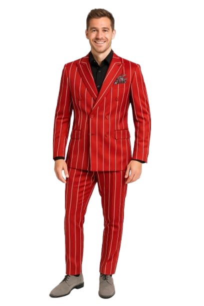 Men's Red and White Pinstripe Double-Breasted Suit - 1920s Gangster Christmas Blazer and Pants