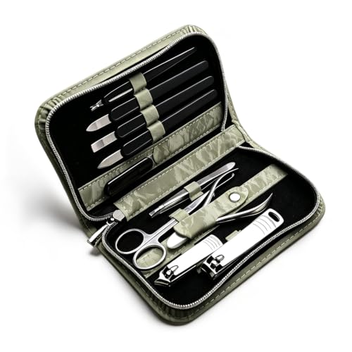 Sopolise 10 in 1 Manicure Pedicure Kit Carbon Steel Nail Clippers & Stainless Steel Grooming Tools, Portable Marble PU Leather Zipper Nail Care Set, Gift for Men Women,Light green