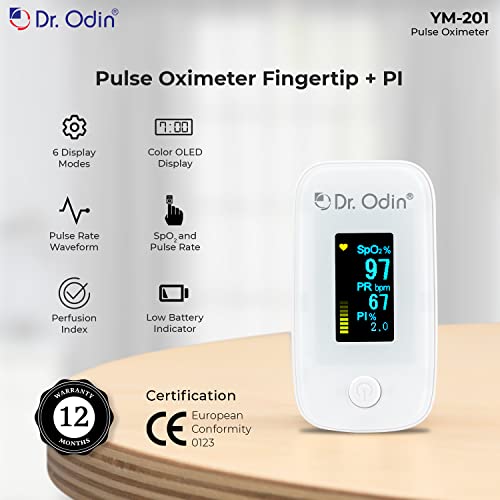 Image of Dr. Odin YM-201 Fingertip Pulse Oximeter with LED Display and Auto Power Off, Perfusion Index and SpO2 (White, 1 Year Warranty)