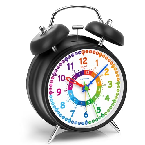 Peakeep Loud Alarm Clock for Kids Learning Telling Time Teaching Clock, 4.5' Rainbow-Colored Twin Bell Analog Alarm Clock Battery Operated for Heavy Sleepers Adults Teenagers Kids