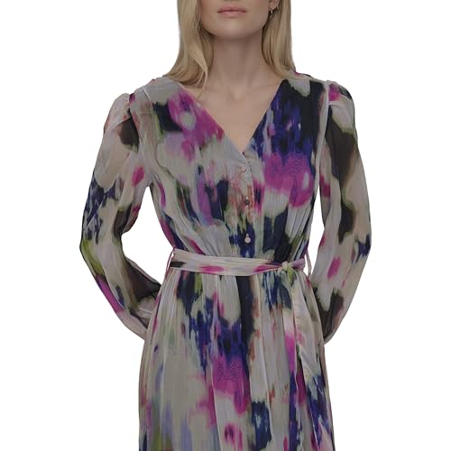 Image of DKNY Women's Long Sleeve V-Neck Tie Waist Midi Dress