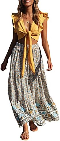 ZESICA Women's 2023 Bohemian Floral Printed Elastic Waist A Line Maxi Skirt with Pockets,Cream,Small