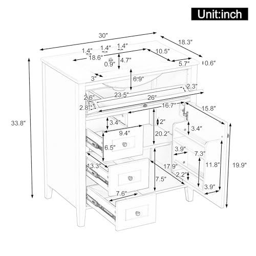 Image of 30 inch Bathroom Vanities with Top Set, Cabinet with Multi-Functional Tip-Out Drawer and Adjustable Shelf, Soft-Closing Door, Solid Wood Legs, White