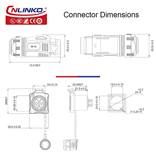 CNLINKO BD-24 Industrieller Wasserdichter Steckverbinder IP68 Rundsteckverbinder Eingebaute Buchse Luftfahrtstecker Anti-Interferenz-Shell Aviation-Anschluss M24 Flanschdose (2 Polig)