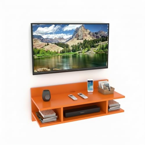 Image of Engineered Wood Set Top Box Stand | Wall Mounted TV Unit Shelf for Router, WiFi, DVD, Gaming Console | Sturdy & Space Saving TV Accessory Organizer (Brown, 50 x 20 x 15 cm) (Orange)