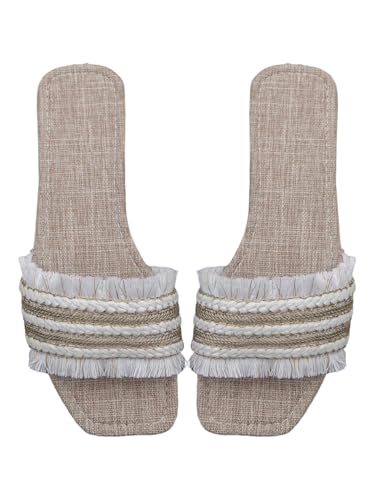 GORGLITTER Women's Braided Boho Sandals Dressy Fringe Square Toe Slides Cute Summer Vacation Flat Sandals