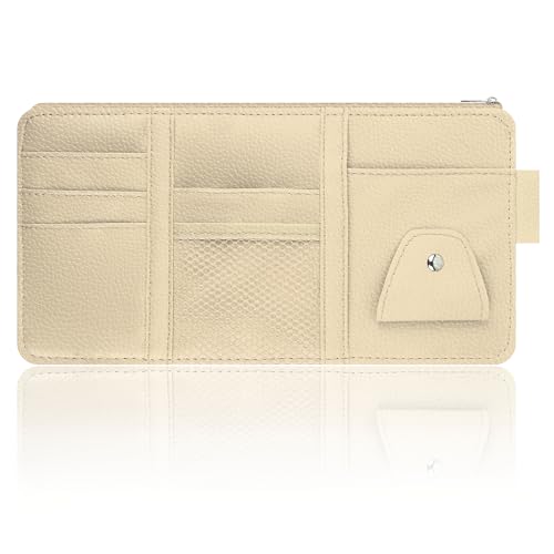 Image of Car Visor Organizer with Sunglass Holder,Multi-Functional Car Sun Visor Organizer with Zipper for Cards,Money,Tickets,Leather Interior Accessories (Beige)