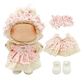 Eayaele Clothes for Labubu - 4PC Set with Shoes for 6.7 Inches Doll, Premium Outfit with Accessories, Stylish Clothes for Labubu (NO Doll)(Pink Plaid)