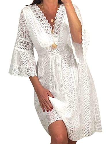 Onsoyours Damen Elegant Spitzenkleid V-Ausschnitt Minikleid 3/4-Arm A-Linie...