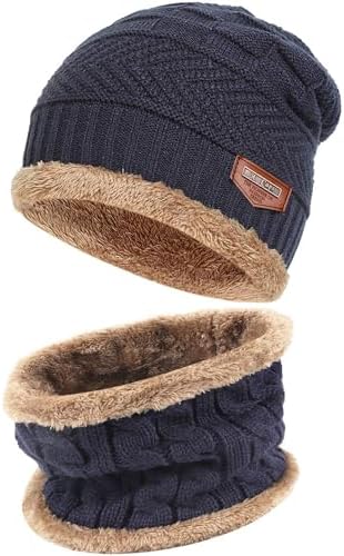 FZ FANTASTIC ZONE Mens Womens Winter Beanie Hat Scarf Set Warm Knit Thick Fleece Lined Skull Cap Neck Warmer for Men Women D Red