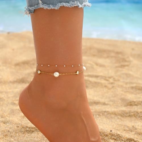 Image of NONAMOIS 18K Gold Plated Diamond Ankle Bracelets for Women Waterproof Gold CZ Pearl Bow Link Chain Anklets Non Tarnish Summer Beach Foot Jewelry Gifts