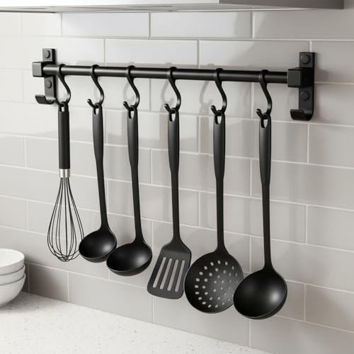KINHARD 40 cm Porte-Ustensiles Mural, Barre de Ustensiles Suspension Multifonction, Patère de Cuisine avec 6 Crochets Mobiles, Support Mural Cuisine en...