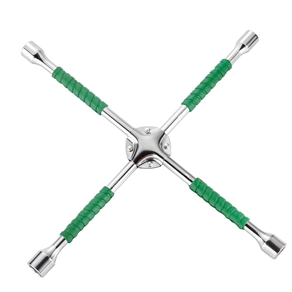 Llave de llanta de cuatro vías, llave de rueda cruzada, juego de llaves de 17/19/21/23 mm, acero resistente, mango de 35 cm para reparación de neumáticos de coche