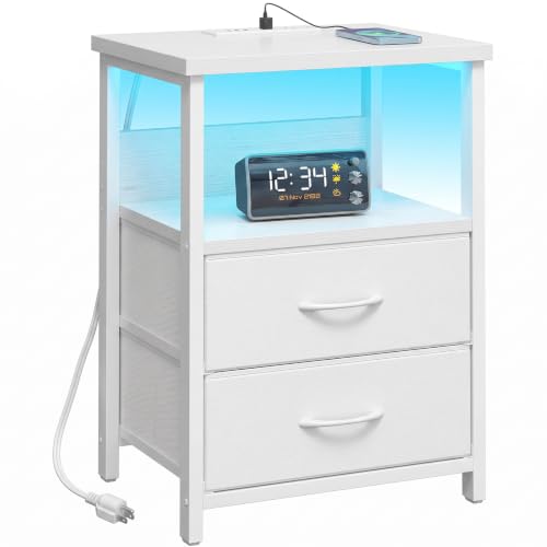 Image of Fixwal Night Stand with Charging Station, White Led Nightstand, 2 Drawers