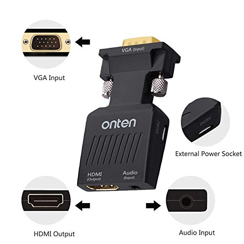 VGA to HDMI, Onten 1080P VGA Male to HDMI Female Audio Video Cable Converter Adapter for Computer, Desktop, Laptop, PC, Monitor, Projector, HDTV, Supply a Free Audio Cable and USB Cable (Black)