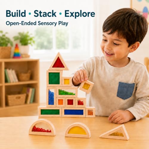 Image of 15-Piece Rainbow Sensory Wooden Building Blocks, Stacking Toys for Toddlers