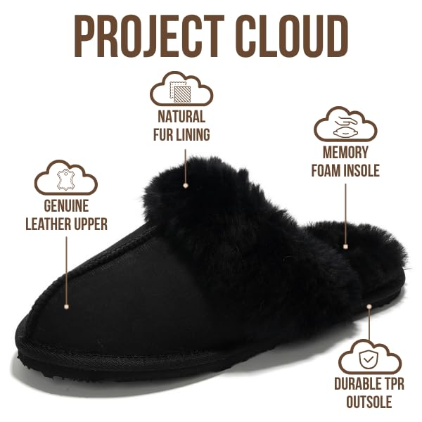 Image of Project Cloud Genuine Leather Slippers for Women with Genuine Fur Lining, Non-Slip Indoor /Outdoor Clog Mule Slippers, Memory Foam Insole