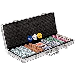 Maletin Poker Alcampo Poker Night Pro Juego de 500 fichas de Texas Holdem Poker con un Gran Estuche de Aluminio Fichas numeradas 14g, 2 Barajas de Cartas Profesionales de plástico, Botones y 5 Dados