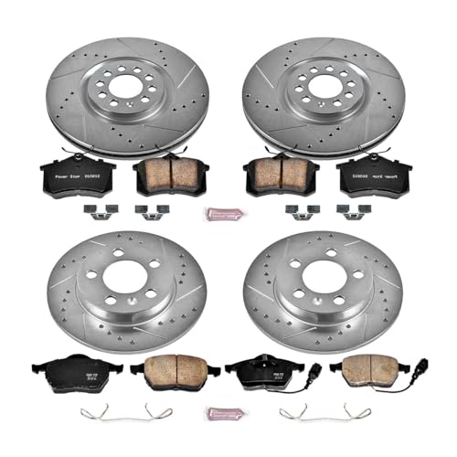 Image of PowerStop Front and Rear Brake Kit for Audi TT Quattro 2000-06 - Drilled and Slotted Disc Rotors with Carbon-Fiber Ceramic Brake Pads Replacement, K2795
