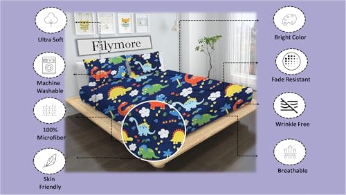 Image of Filymore Danasour Bedsheet Made with Microfiber Wrinkle Free Soft Hypoallergenic | Floral Printed Double Bed Queen /King Size for Kids (90x90 Inches /Boys Girls Room)(Blue)