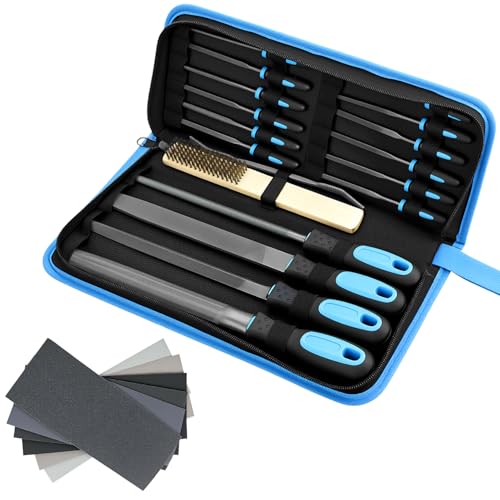 QWORK® Juego de 30 piezas Limas y Escofinas - 4 Limas Grandes, 12 Limas de Aguja, 1 Lima de Rascado, 1 Archivo Riffler, 1 Cepillo de Acero, 12 Lijas - para Pulir Madera y Metales