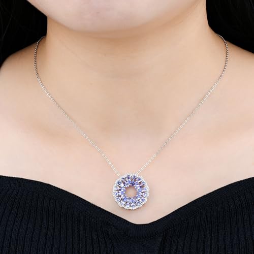 Pendant Necklace for Women S925 Sterling Silver Real Genuine Natural Gemstone Aquamarine Tanzanite Elegant Flower Style Birthstone Charm Women's Fine Jewelry for Her2