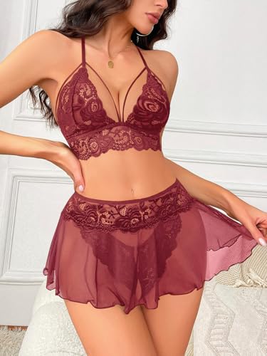 Image of CRIPOM Sexy Lingerie for Women Naughty 3 Piece Lace Bralette, Mini Skirt with G-String Crotchless Lingerie Outfits