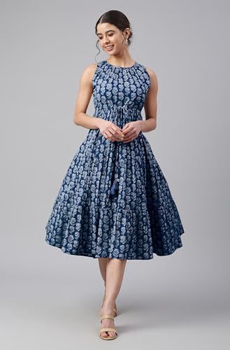 Image of Janasya Women's Cotton Floral Block Print Tiered Western Dress