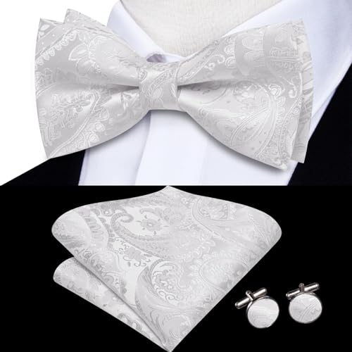Image of Hi-Tie Bow Tie Men Pre Tied Bowtie Pocket Square Cufflinks Lapel Pin Formal Wedding Bow Ties for Men Party Tuxedo Bowtie Set,White Paisley Floral